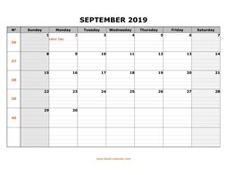Printable September 2019 Calendar, large box grid, space for notes (horizontal)