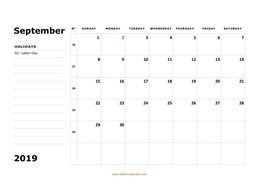 printable september 2019 calendar, large box, space for notes