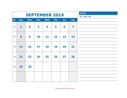 Printable September 2019 Calendar, large space for appointment and notes (horizontal)