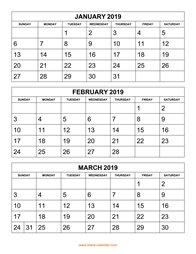 Printable Calendar 2019, 3 months per page, 4 pages (vertical)