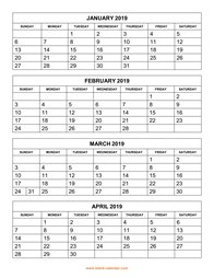 printable calendar 2019 4 months per page