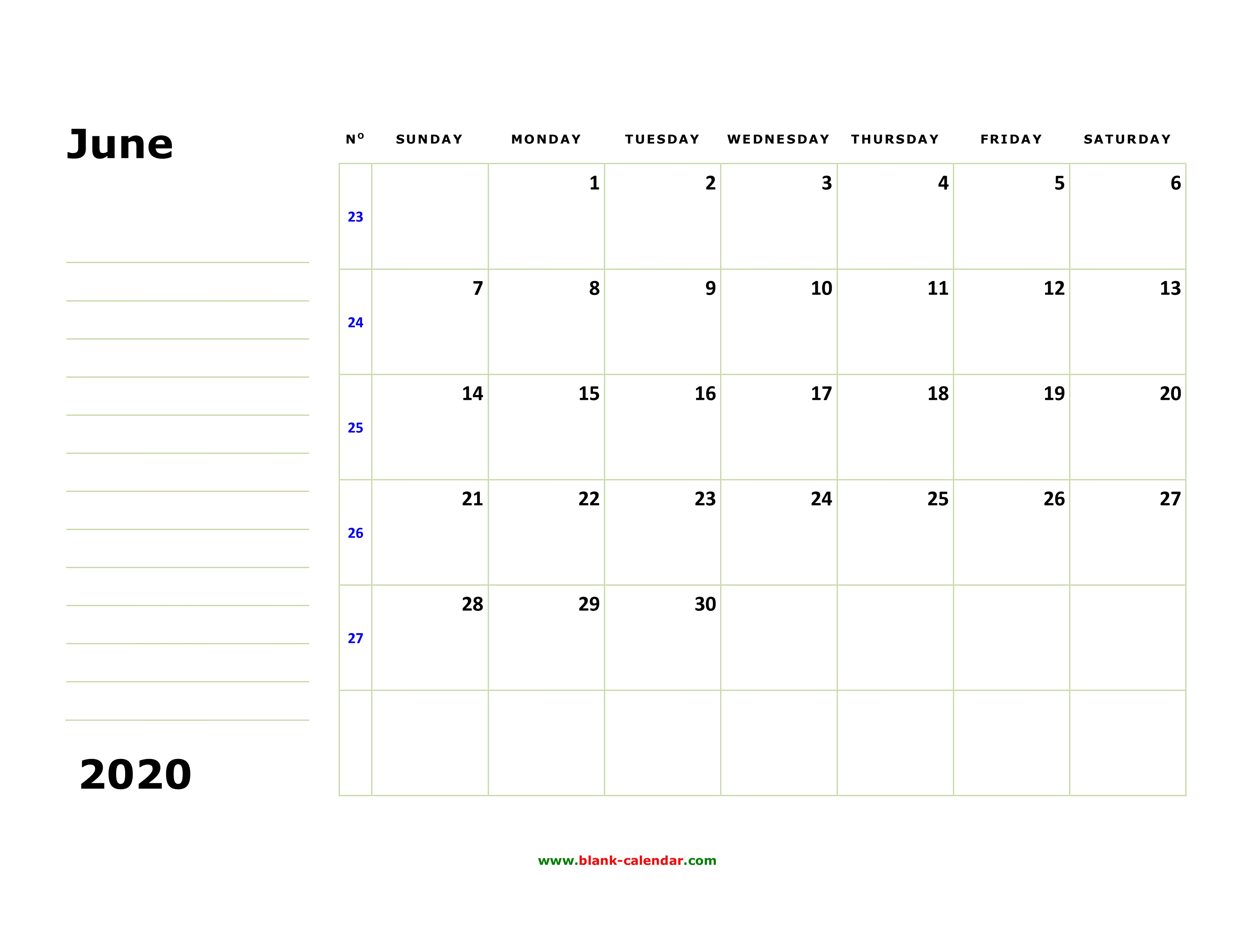 Free Download Printable June 2020 Calendar, large box, holidays listed