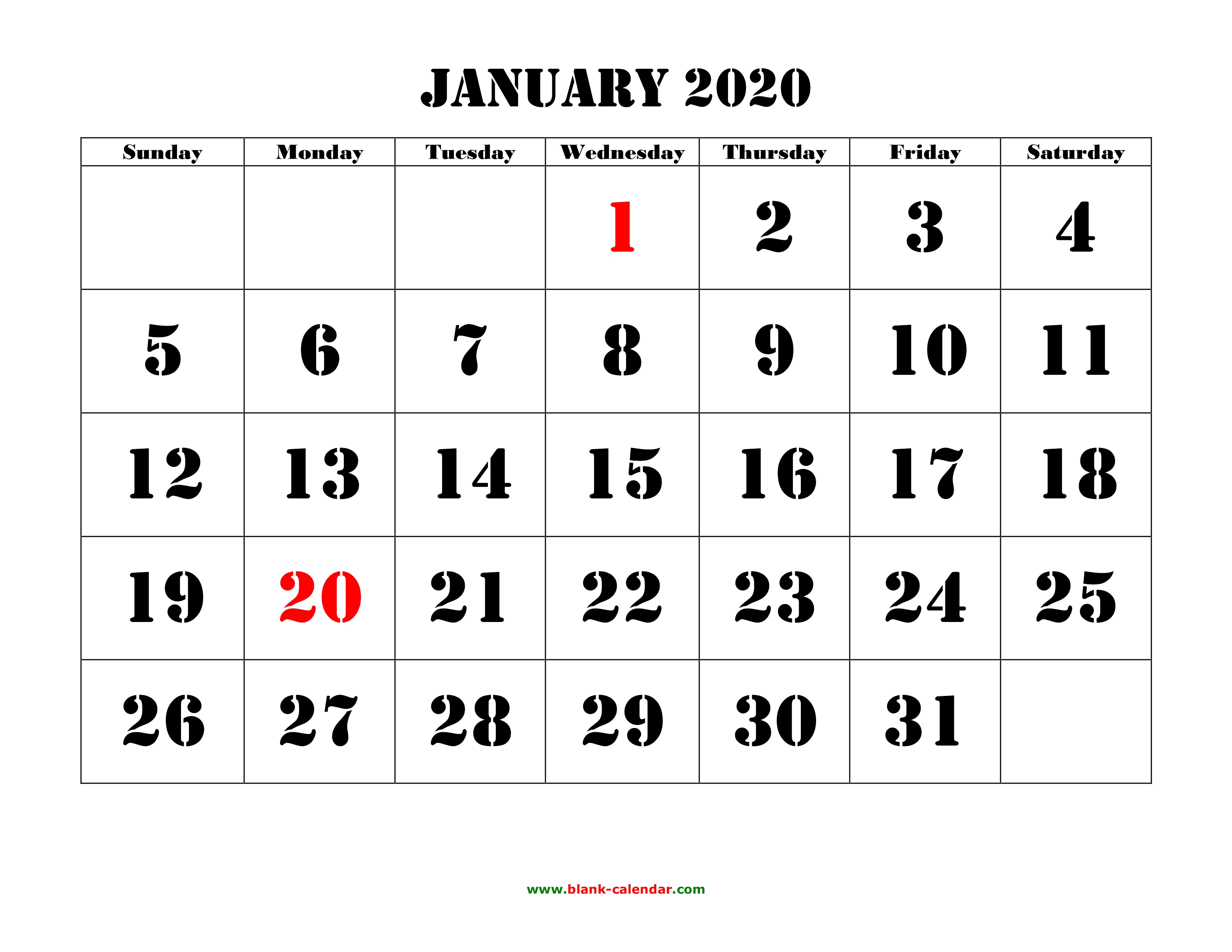 Free Monthly Calendar Template 2020 from www.blank-calendar.com