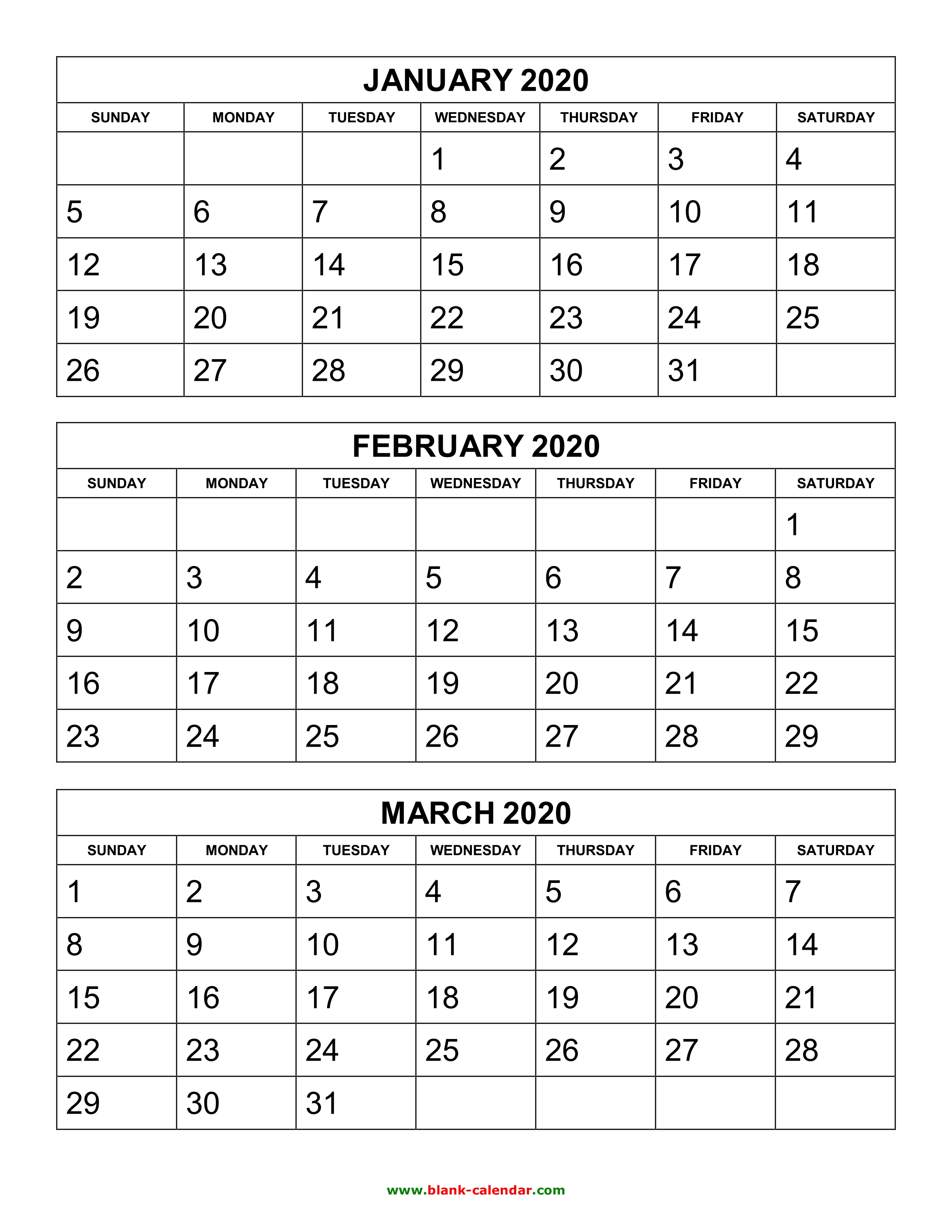 Free Download Printable Calendar 2020 3 Months Per Page 4 Pages