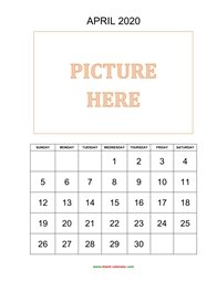 printable april 2020 calendar, pictures can be placed at the top