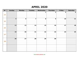 printable april 2020 calendar large box grid, space for notes