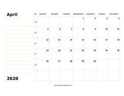 Printable April 2020 Calendar, large box, Federal Holidays listed, space for notes (horizontal)