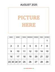 printable august 2020 calendar, pictures can be placed at the top