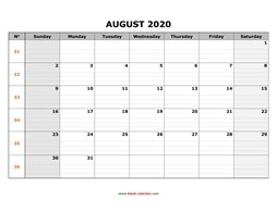 Printable August 2020 Calendar, large box grid, space for notes (horizontal)