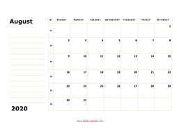 printable august 2020 calendar, large box, space for notes
