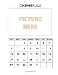 printable december 2020 calendar, pictures can be placed at the top