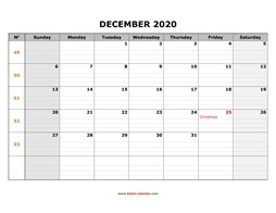 printable december 2020 calendar large box grid, space for notes