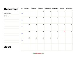 printable december 2020 calendar, large box, space for notes