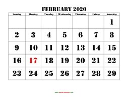 Printable February 2020 Calendar, large font design , holidays on red (horizontal)