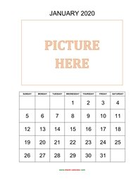 printable january 2020 calendar, pictures can be placed at the top