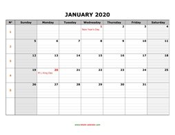 printable january 2020 calendar large box grid, space for notes
