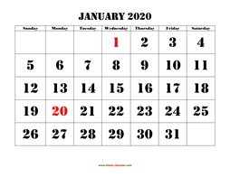 printable january 2020 calendar larger font
