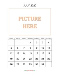 Printable July 2020 Calendar, pictures can be placed at the top (vertical)