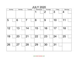 Printable July 2020 Calendar with check boxes (horizontal)