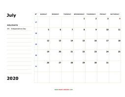 printable july calendar 2020 large box space notes