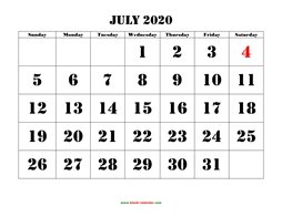 printable july calendar 2020 large font