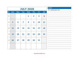 Printable July 2020 Calendar, large space for appointment and notes (horizontal)
