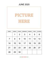 printable june 2020 calendar, pictures can be placed at the top