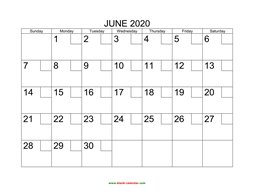 Printable June 2020 Calendar with check boxes (horizontal)