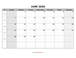 Printable June 2020 Calendar, large box grid, space for notes (horizontal)