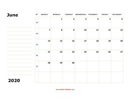 Printable June 2020 Calendar, large box, Federal Holidays listed, space for notes (horizontal)