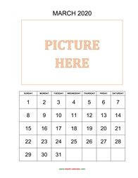 printable march 2020 calendar, pictures can be placed at the top