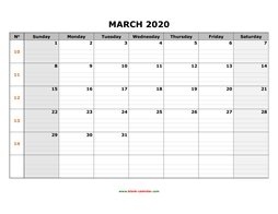 printable march 2020 calendar large box grid, space for notes