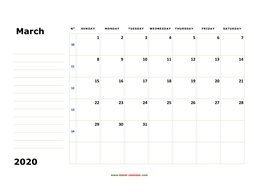 printable march 2020 calendar, large box, space for notes