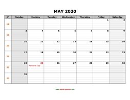 printable may 2020 calendar large box grid, space for notes