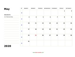 Printable May 2020 Calendar, large box, Federal Holidays listed, space for notes (horizontal)