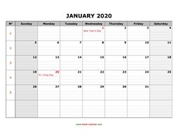 printable monthly calendar 2020 large box grid, space for notes