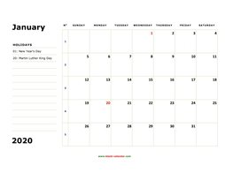 printable monthly calendar 2020, large box, space for notes