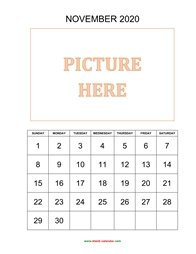 Printable November 2020 Calendar, pictures can be placed at the top (vertical)