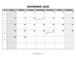 Printable November 2020 Calendar, large box grid, space for notes (horizontal)