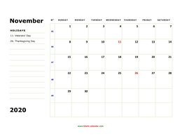 printable november calendar 2020 large box space notes
