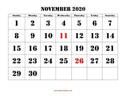 printable november calendar 2020 large font