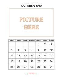 Printable October 2020 Calendar, pictures can be placed at the top (vertical)