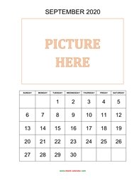 printable september 2020 calendar, pictures can be placed at the top