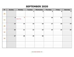 printable september 2020 calendar large box grid, space for notes
