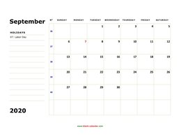 printable september 2020 calendar, large box, space for notes