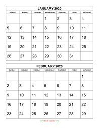 Printable Calendar 2020, 2 months per page, 6 pages (vertical)