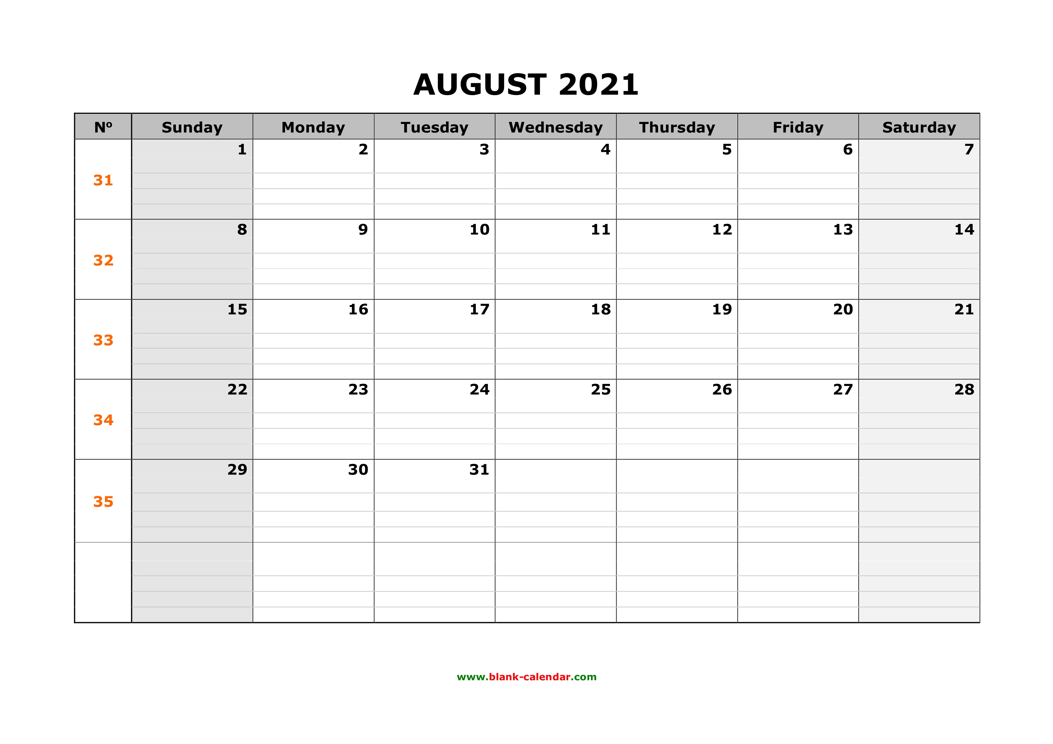 Free Download Printable August 2021 Calendar, large box grid, space for