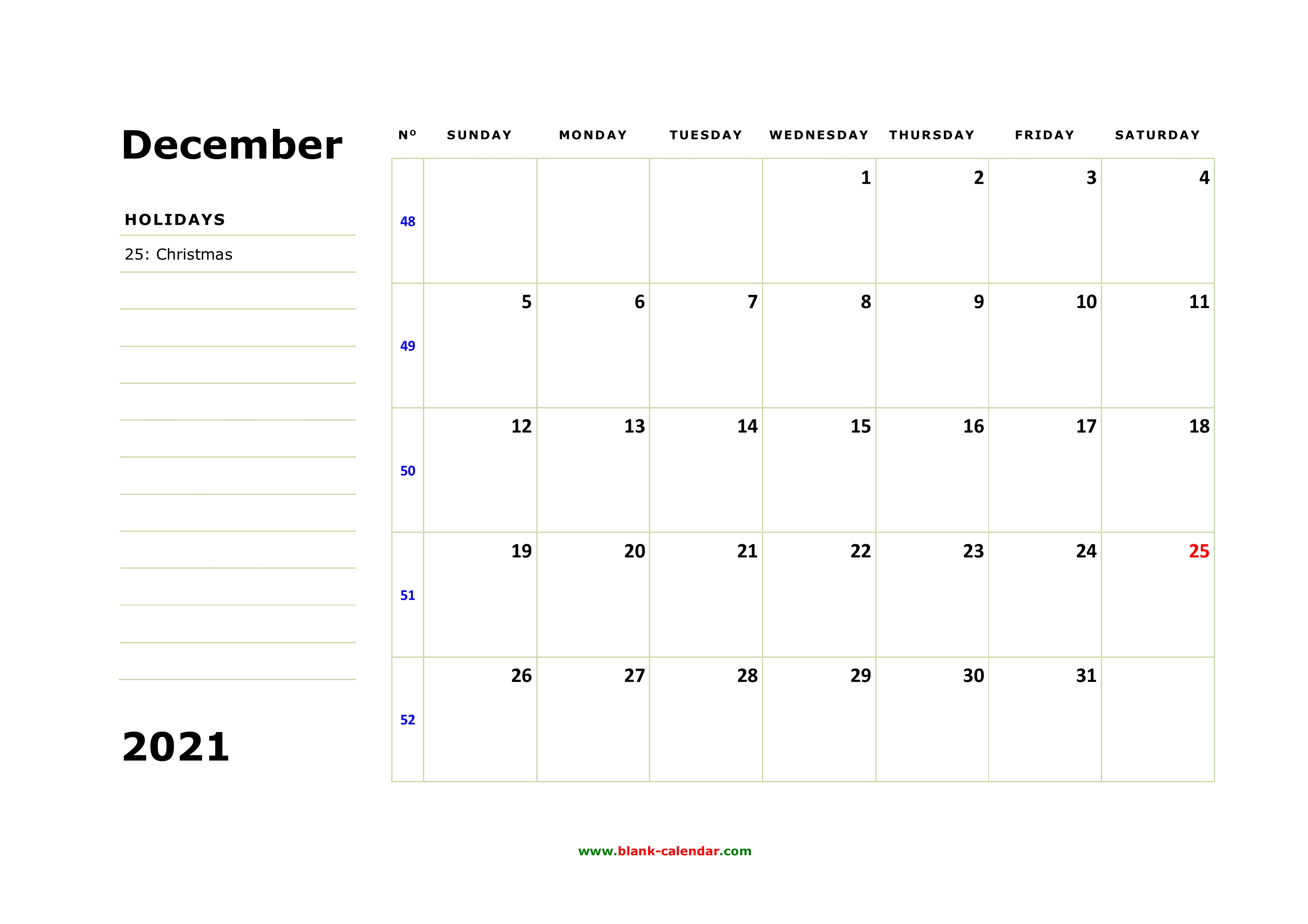Free Download Printable December 2021 Calendar Large Box