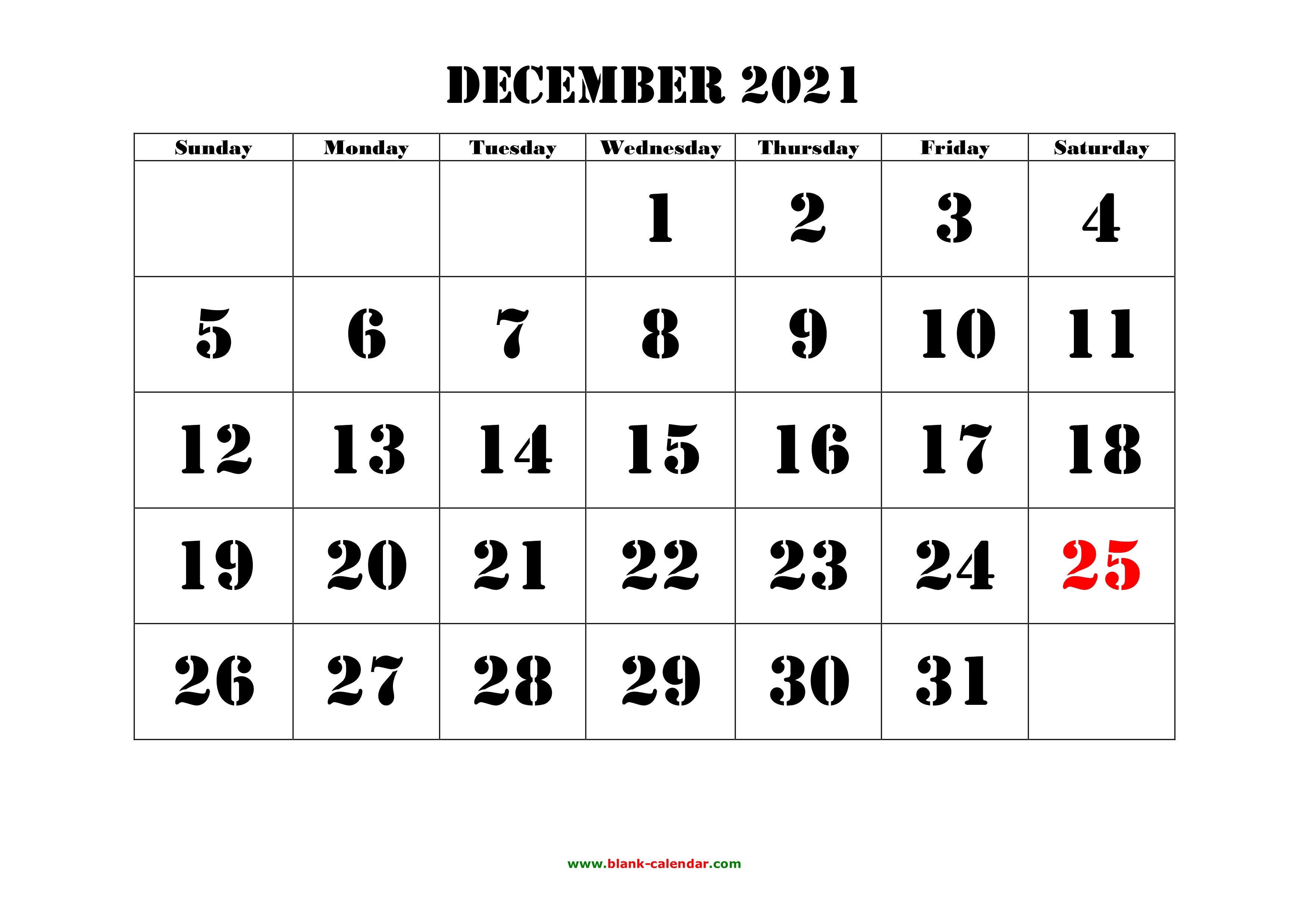 December 2021 Printable Calendar Free Download Monthly