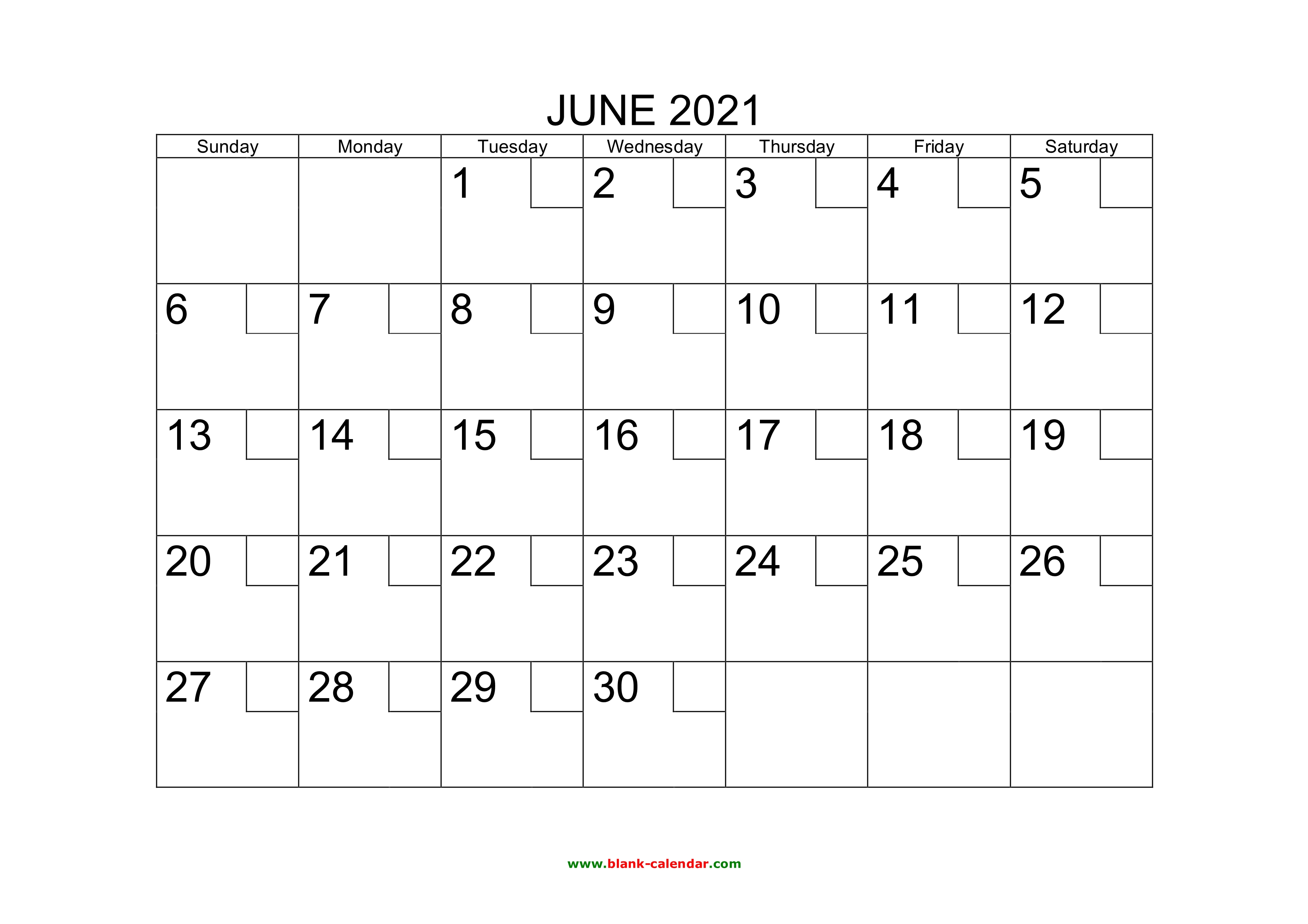 Free Download Printable June 2021 Calendar with check boxes